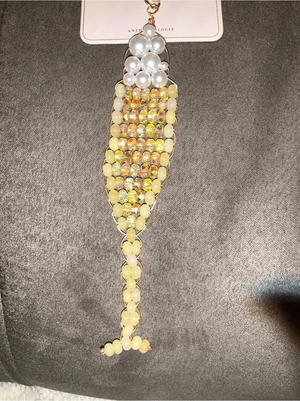 Anthropologie Pearl & Iridescent Bead Champagne Glass Bag Charm- Gold Hardware